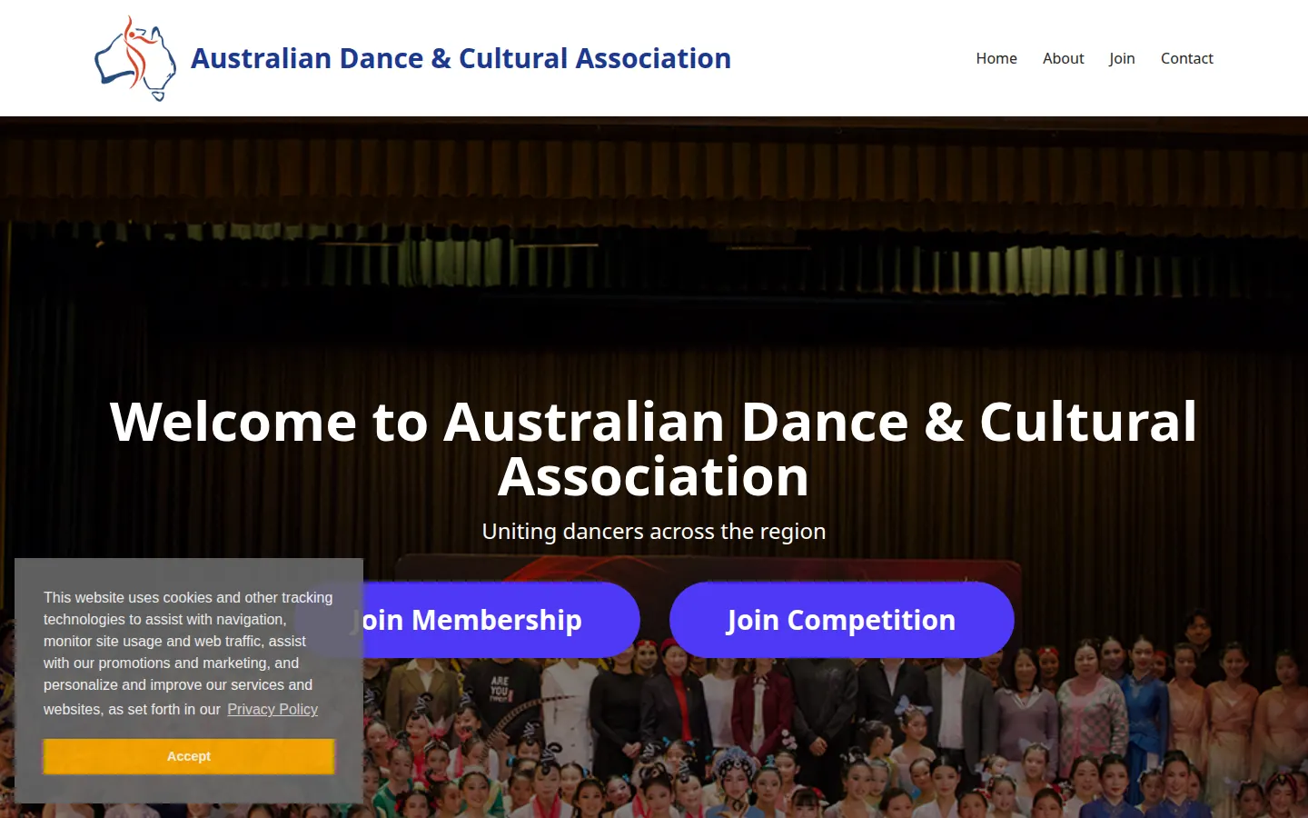 Screenshot of the Australian Dance & Cultural Association public website
